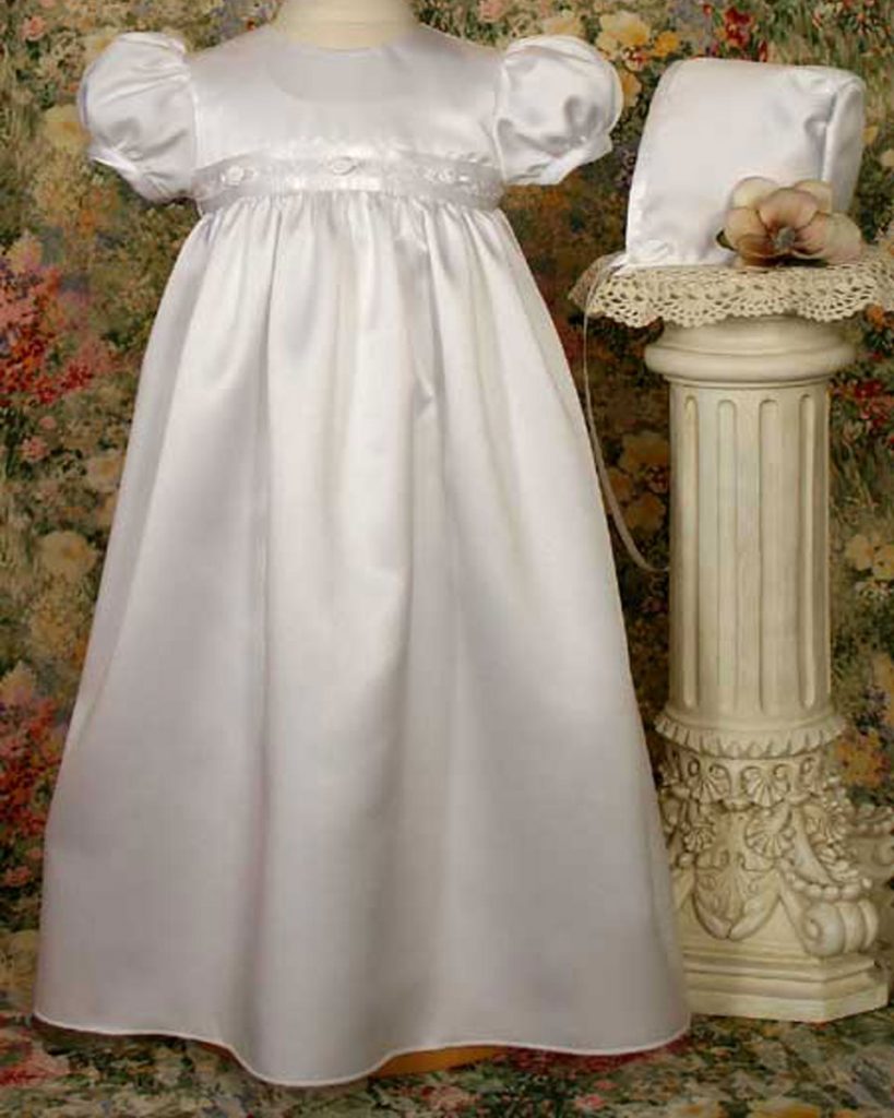 Girls 24" White Satin Christening Baptism Gown with Rosette Trim and Bonnet - One Small Child