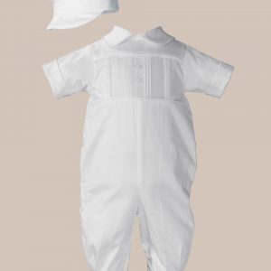 Boys Cotton Sateen Short Sleeve Christening Baptism Coverall with Pleated Front and Hat - One Small Child