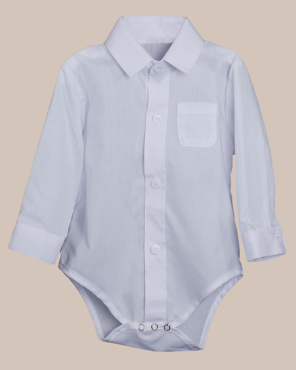 Baby Boys Poly Cotton Button Up White Dress Shirt Bodysuit Romper with  Collar