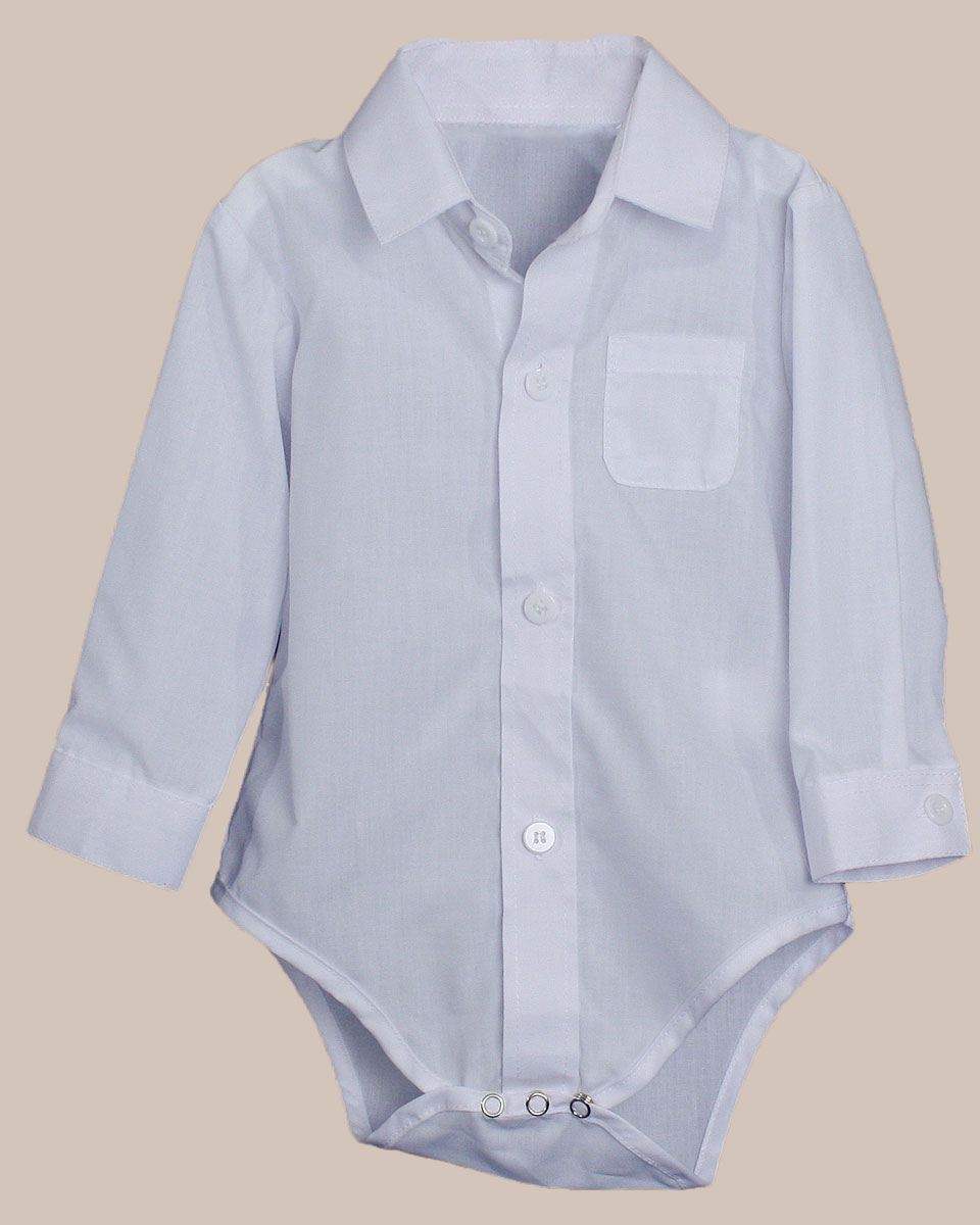 Baby Boys Poly Cotton Button Up White Dress Shirt Bodysuit Romper