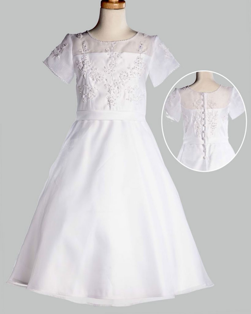 White Communion Baptism Dress with Sheer Neckline and Organza Skirt ...