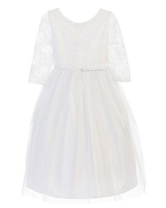 White 3/4 Sleeve Lace Communion Dress with Tulle Skirt - One Small Child