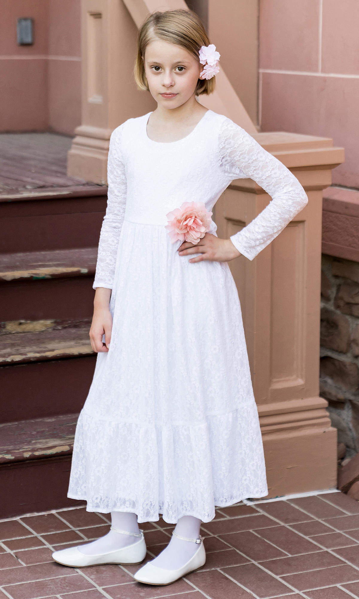 White Stretch Lace Enchanted Communion Baptism Dress with Sheer