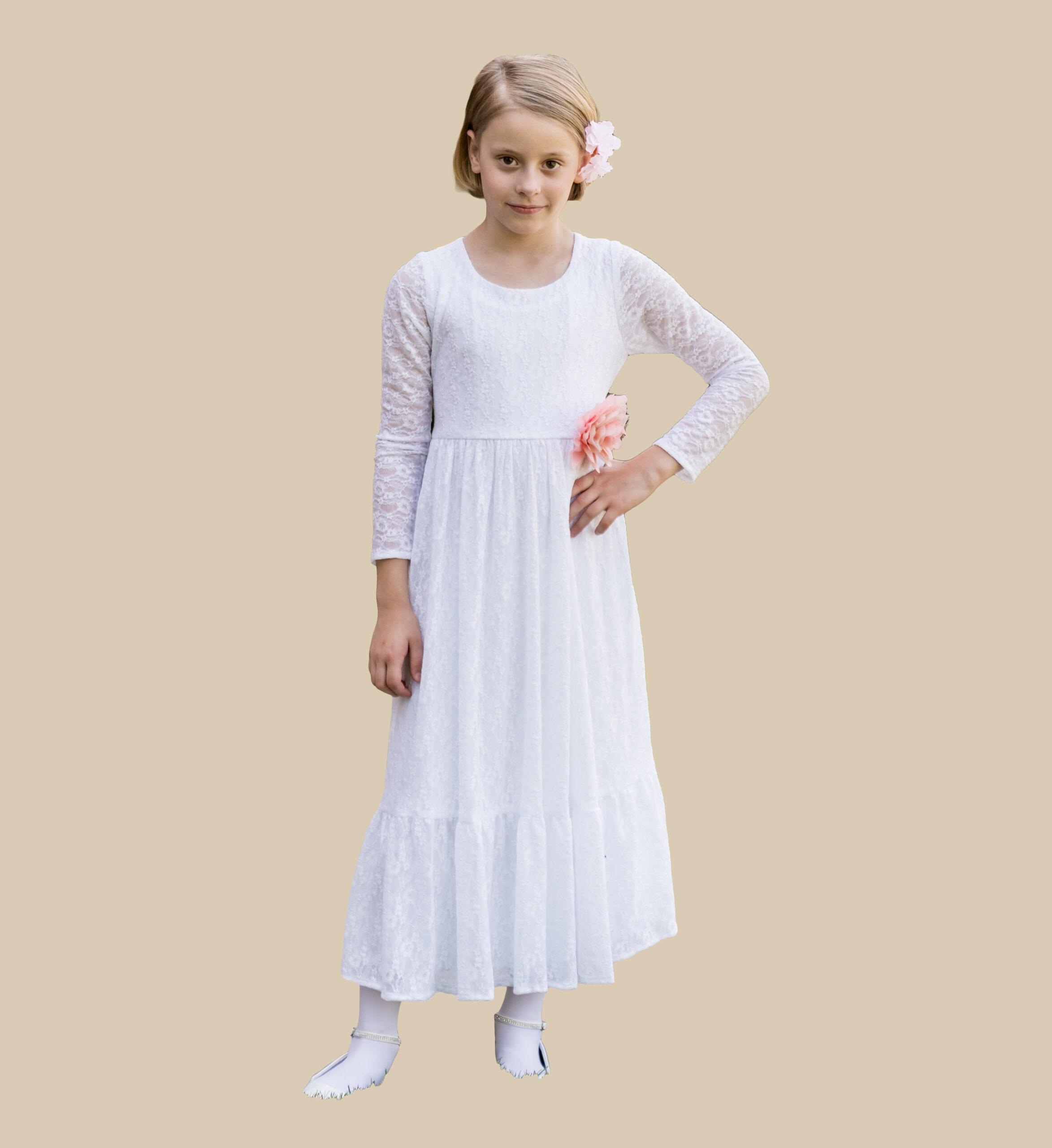 White Stretch Lace Enchanted Communion Baptism Dress with Sheer Lace Sleeves